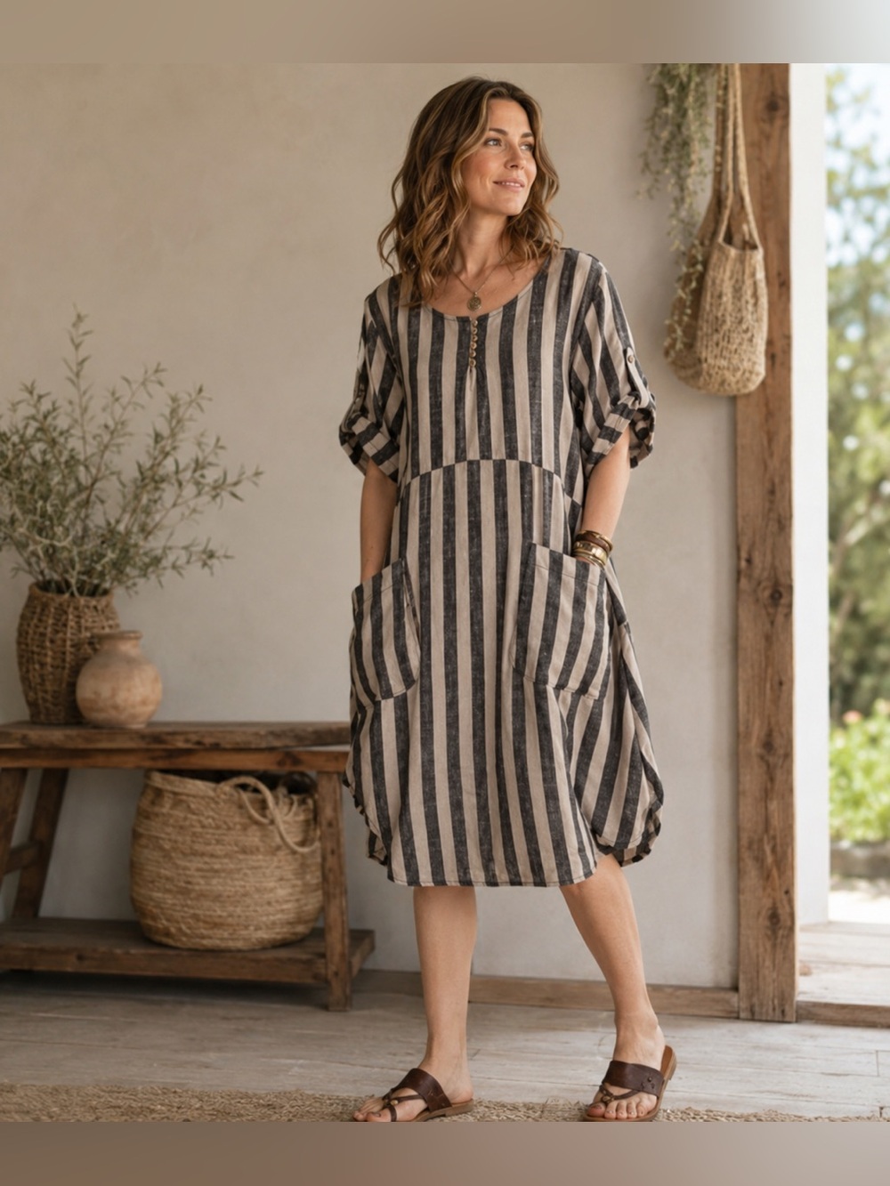 Boho Cotton Linen Blend Striped Pocket Midi Dress L Large Casual Cottagecore